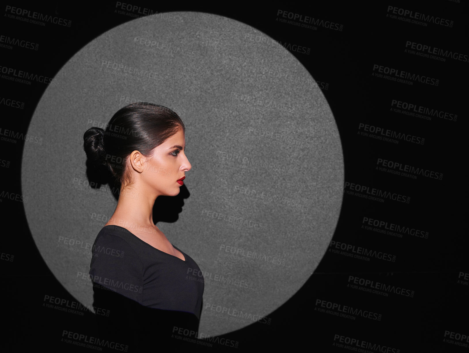 Buy stock photo Profile, abstract and woman with spotlight of circle, shape or serious isolated on black background. Female person, lady and light on face for cosmetics, beauty or makeup by mockup on studio backdrop