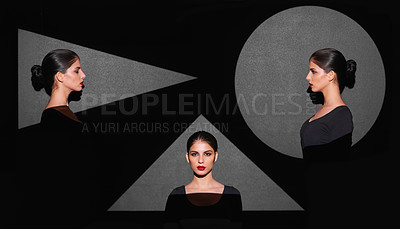 Buy stock photo Spotlight, beauty and face of woman with shape of triangle, circle and on gray background. Female person, lady and collage light on gen z girl for cosmetics, skincare and makeup on studio backdrop