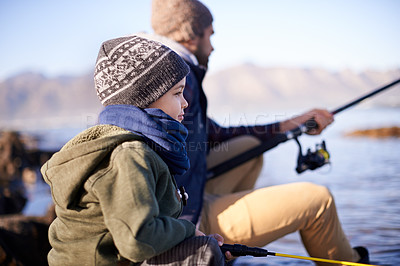 Buy stock photo Water, father and son fishing in nature, outdoor and dad teaching boy in lake for bonding together. Parent, male person and man with kid for adventure in seaside, happiness and smile of child