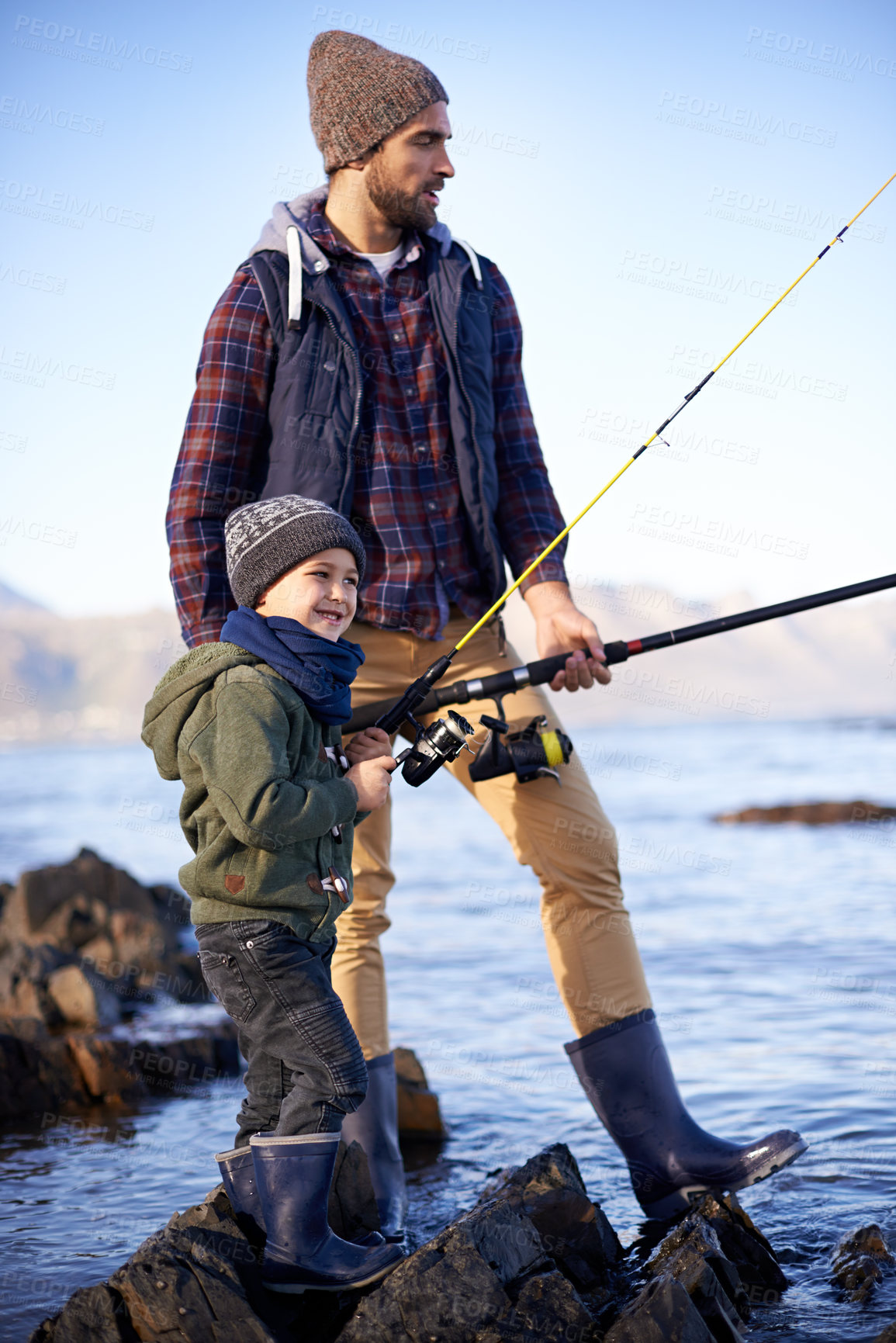 Buy stock photo River, father and son with rod for fishing, water and nature for bonding of dad with boy together. Parent, male person and man with kid for adventure in countryside, happiness and smile of child