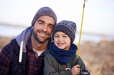 Buy stock photo Portrait of a loving father and son fishing by the sea