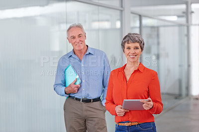 Buy stock photo Two mature coworkers standing together in the office