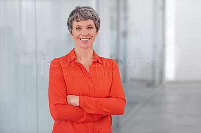 Buy stock photo Mature, woman and business with smile, office and entrepreneur for corporate career. Businesswoman, portrait and working with employer, professional agency and workplace for job confidence or startup