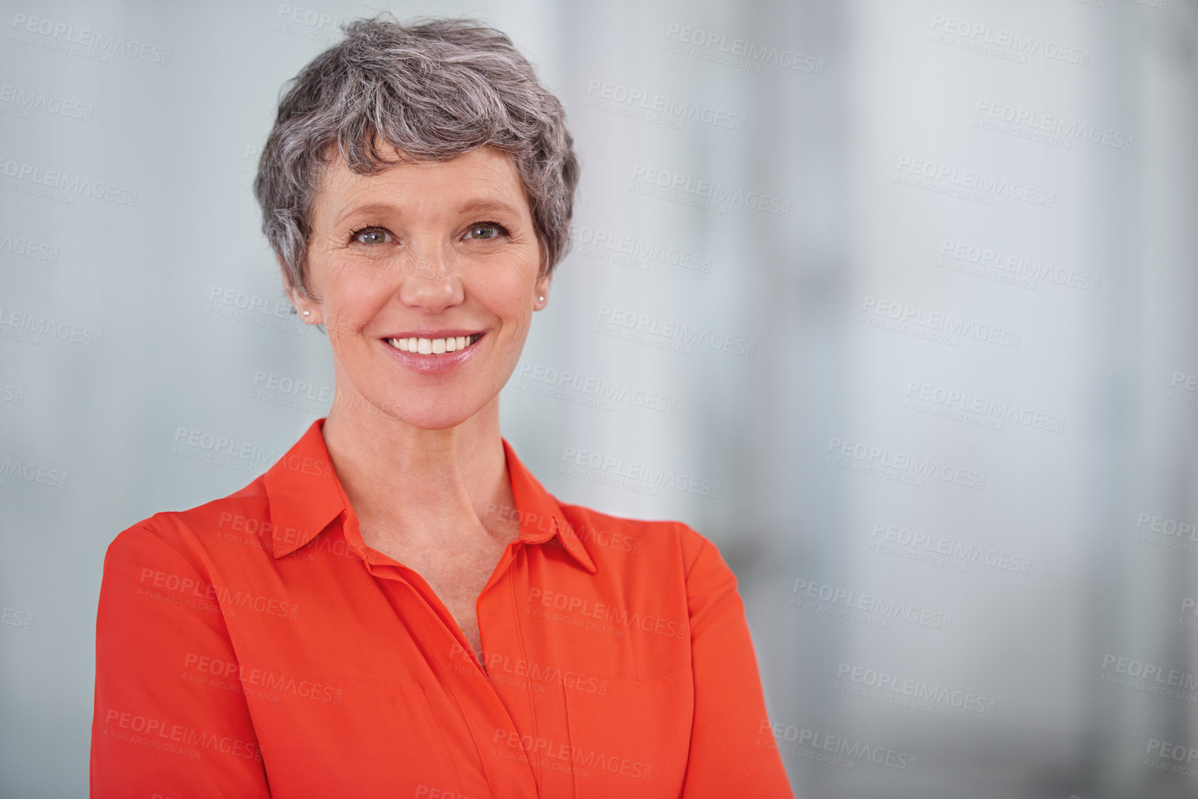 Buy stock photo Portrait of a mature businesswoman standing in an office setting
