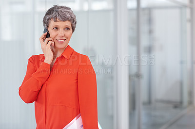 Buy stock photo Mature, businesswoman and office and phone call  on smartphone, network technology for communication. Career development, negotiation and conversation, professional work and happy female person