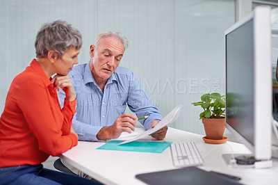 Buy stock photo Paperwork, planning and senior woman with financial advisor in discussion for pension fund in office. Conversation, documents and elderly female person with finance consultant for retirement savings.