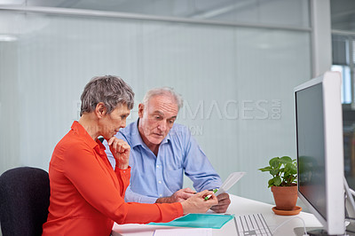 Buy stock photo Documents, discussion and senior woman with financial advisor planning for pension fund in office. Conversation, paperwork and elderly female person with finance consultant for retirement savings.