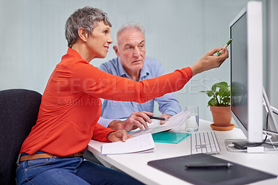 Buy stock photo Computer, team and mature business people brainstorming, discussion or planning research with documents in office. CEO, man and woman in collaboration on desktop for project of financial consultants
