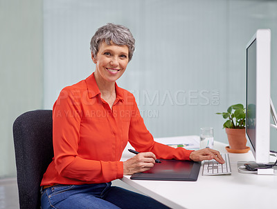 Buy stock photo Mature, businesswoman and computer portrait at desk, draw tablet or internet technology in office for work. Professional female person, online for design job, happy employee in workplace or career
