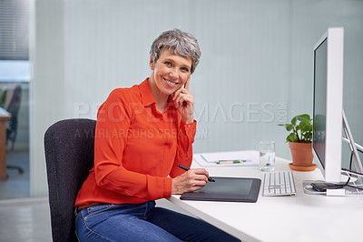 Buy stock photo Mature, businesswoman and work tablet or portrait, drawing or internet technology and office computer. Professional female person, online or graphic designer, smile employee in workplace career