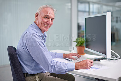 Buy stock photo Senior, businessman and computer for portrait at desk, worker or internet technology in office for digital job. Professional male person, online for corporate career, happy employee in workplace