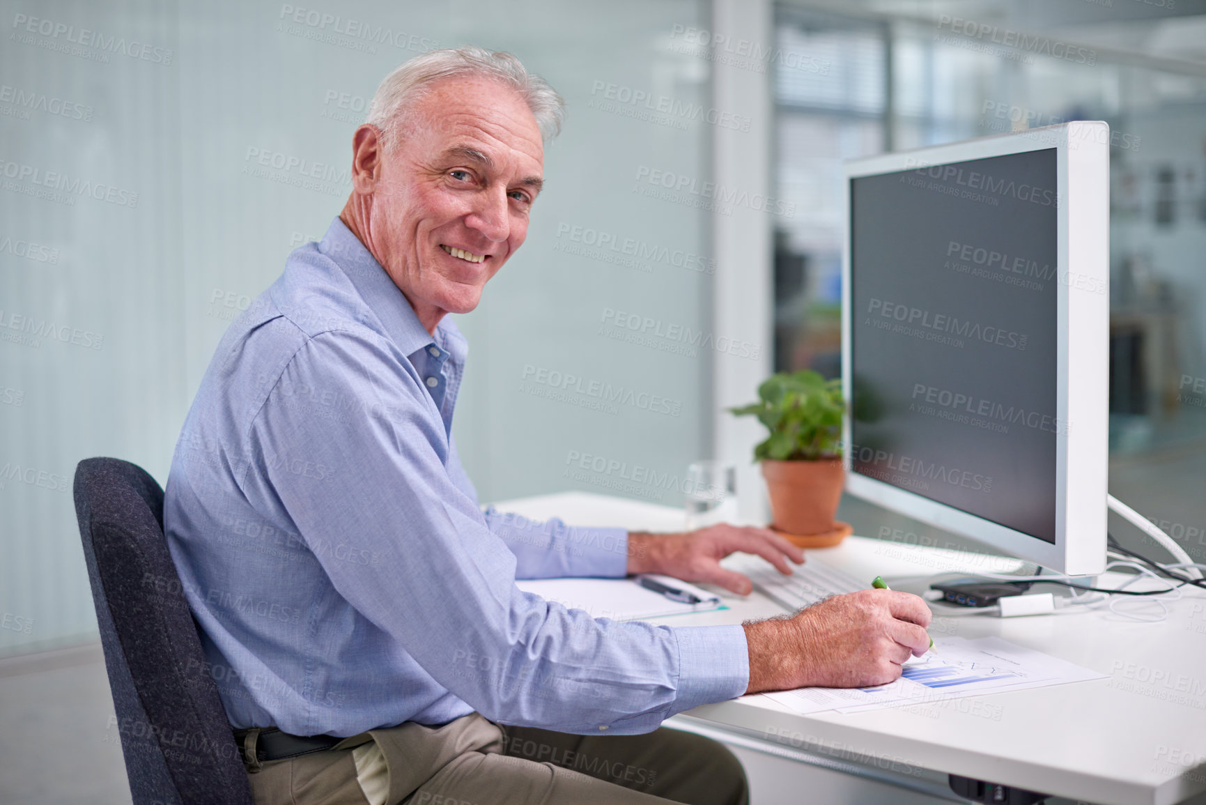 Buy stock photo Senior, businessman and computer for portrait at desk, worker or internet technology in office for digital job. Professional male person, online for corporate career, happy employee in workplace