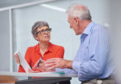 Buy stock photo Tablet, conversation and business people in office with research for company finance budget. Discussion, collaboration and financial advisors working on digital technology for project in workplace.