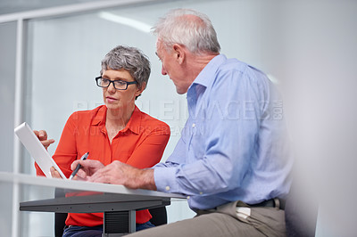 Buy stock photo Tablet, research and business people in office in discussion for company finance budget. Conversation, collaboration and financial advisors working on digital technology for project in workplace.