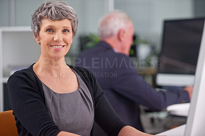 Buy stock photo Business, mature and portrait of woman at desk with male colleague, senior management or supervisor for corporate company. Person, technology and coworker in workplace, together and professional.