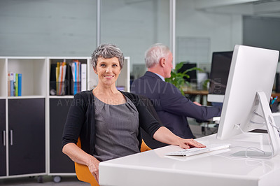Buy stock photo Woman, computer and portrait in office for online, career and profession for research and corporate. Mature person or HR manager and happy with tech for recruitment, website and business for work