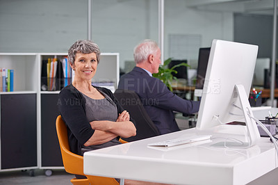 Buy stock photo Business, mature and portrait of confident woman in office with male colleague, senior management or supervisor for corporate company. Person, pc and coworker in workplace, together and professional.