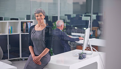 Buy stock photo Business, mature and portrait of woman in office with male colleague, senior management or supervisor for corporate company. Person, technology and coworker in workplace, working and professional.