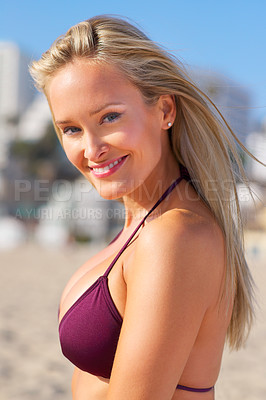 Buy stock photo Ocean, portrait and happy woman in swimwear for travel, holiday and summer vacation in Maldives. Bikini, smile and face of female person for relax, outdoor adventure or tourist getaway at beach