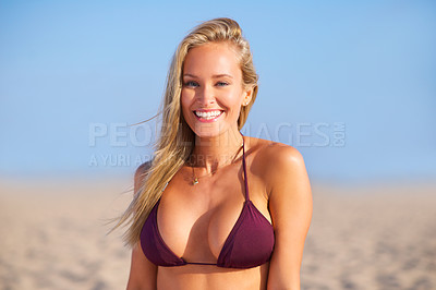 Buy stock photo Happiness, portrait and girl on beach with bikini on summer vacation for travel or tourism on coastline in Indonesia. Female person, holiday and relax for peace or sunshine, adventure and leisure