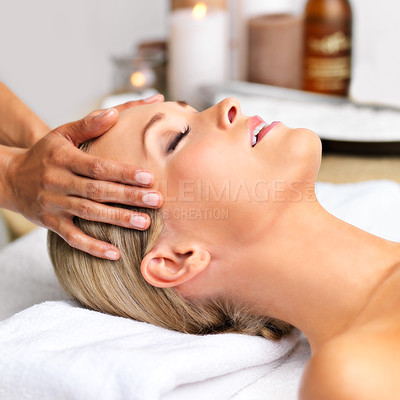 Buy stock photo Woman, hand or massage as spa, wellness or self care in mental health, luxury or sleep retreat. Peace, client or head to relax, oil or glow by beauty, salon or zen in dream cosmetology clinic