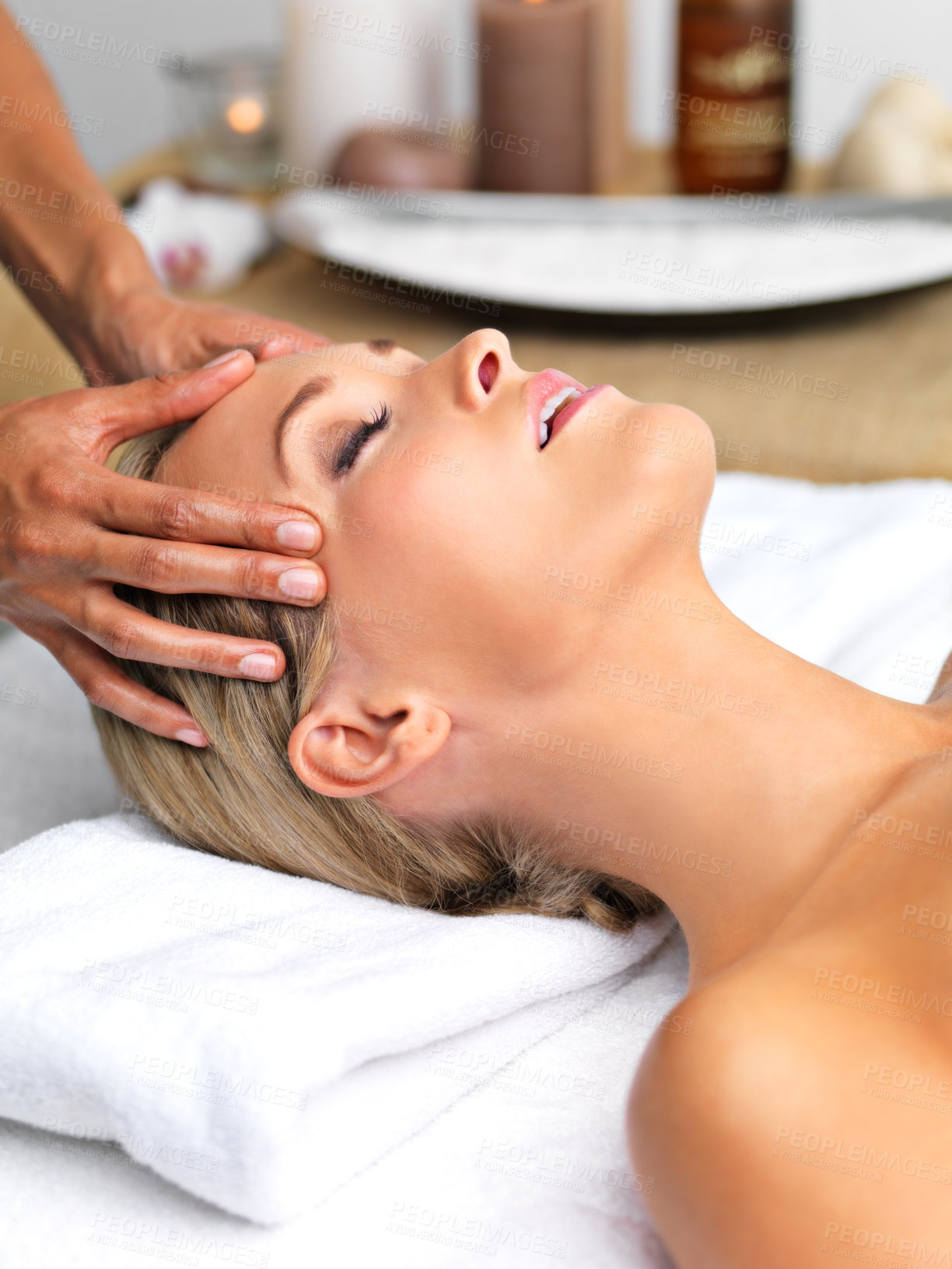 Buy stock photo Woman, head massage or spa as wellness, self care or mental health of skin, cleaning or luxury sleep. Peace, customer or hand to relax, oil or chakra by salon, facial or zen in cosmetology studio