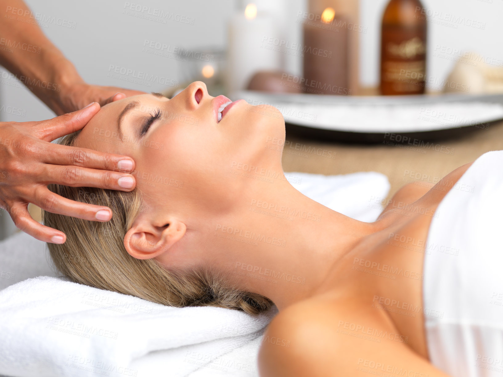 Buy stock photo A beautiful young woman relaxing in a spa