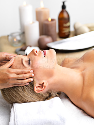 Buy stock photo Girl, head massage or spa to relax in luxury, zen or wellness as self care in mental health retreat. Sleep, peace or client in hand to oil, skin or dream at beauty salon table in cosmetology clinic