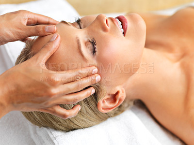 Buy stock photo Closeup, woman or head massage to relax, mind or wellness as luxury, self care or mental health. Hand, client or peace to oil, facial or sleep of dream, beauty salon or table in cosmetology clinic