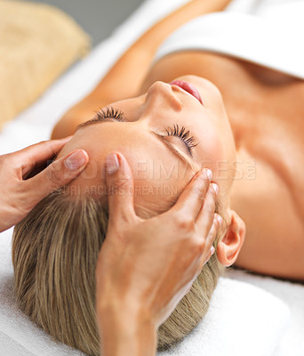 Buy stock photo Closeup, girl or hand in spa, massage or relax of mind, wellness or luxury as self care and mental health. Head, client or peace to oil, facial or sleep of dream, salon table or cosmetology therapy