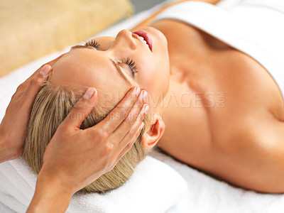 Buy stock photo Smile, woman or hand in head, massage or luxury to relax, wellness or self care as mental health. Happy, client or zen for healing, sleep or dream of salon, table or cosmetology as peace therapy