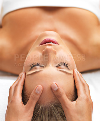 Buy stock photo Closeup, spa or girl in head, massage or self care to relax, wellness or luxury as dream therapy. Mental health, woman or zen in clinic, sleep or salon to sleep on cosmetology, peace or table