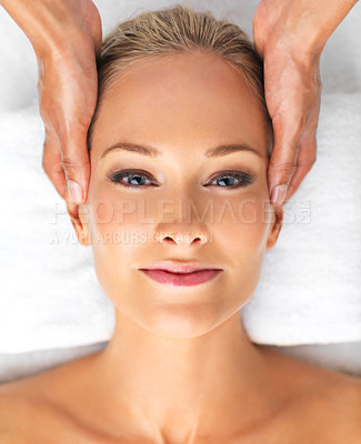 Buy stock photo Closeup, portrait or woman in massage, therapy or mental health as self care, relax or luxury zen. Retreat, girl or hand in spa, head or chakra as peace, clinic or balance on resort cosmetology bed