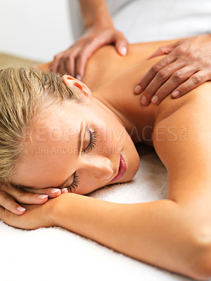 Buy stock photo Zen, hands and woman with back massage at spa for wellness, health and self care. Calm, relax and happy female person sleeping with masseuse for body skin treatment or therapy at beauty salon.