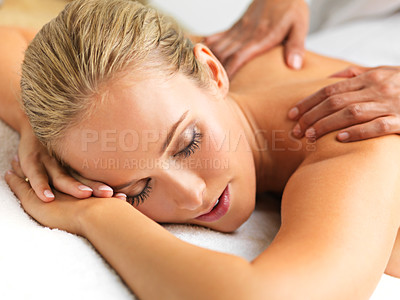 Buy stock photo Sleeping, hands and woman with back massage at spa for wellness, health and self care. Calm, zen and female person taking nap with masseuse for body skin treatment or therapy at beauty salon.