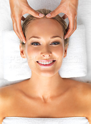 Buy stock photo Portrait, beauty or treatment as head, massage or wellness in spa, therapy or mental health. Woman, hand or smile to relax, self care or luxury in zen, retreat or chakra of peace, balance or reiki