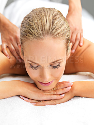 Buy stock photo Relax, happy and woman with back massage at spa for wellness, health and self care. Calm, zen and female person sleeping with masseuse for body skin treatment or therapy at beauty salon at resort.