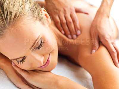 Buy stock photo Relax, smile and woman with back massage at spa for wellness, health and self care. Calm, zen and happy female person sleeping with masseuse for body skin treatment or therapy at beauty salon.
