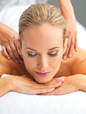 Buy stock photo Self care, hands and woman with back massage at spa for wellness, health and relaxing. Calm, zen and happy female person sleeping for body skin treatment or therapy at beauty salon at resort.