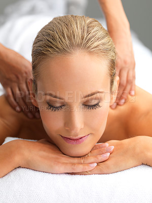 Buy stock photo Relax, zen and woman with back massage at spa for wellness, health and self care. Sleeping, peace and happy female person with masseuse for body skin treatment or therapy at calm beauty salon.