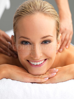 Buy stock photo Relax, spa and portrait of woman with back massage for wellness, health and self care. Calm, zen and happy female person with masseuse for body skin treatment or therapy for relaxing at beauty salon.