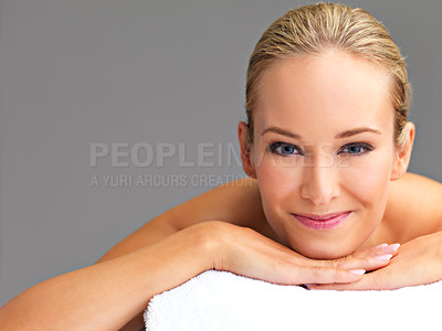 Buy stock photo Woman, massage and spa with portrait for treatment, destress and wellness with physical therapy at luxury resort. Serene, zen and happy with stress relief, self care with service and holistic healing