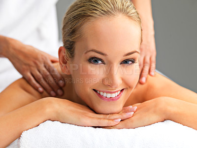 Buy stock photo Relax, portrait and woman with back massage at spa for wellness, health and self care. Calm, zen and happy female person with masseuse for body skin treatment or therapy for relaxing at beauty salon.