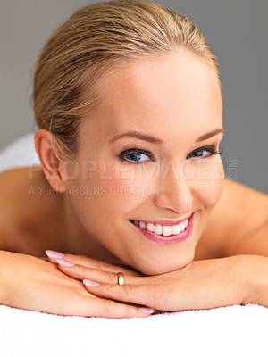 Buy stock photo Happy woman, portrait for massage and spa for treatment, destress and wellness with physical therapy at luxury resort. Serene, zen and calm with stress relief, self care service and holistic healing