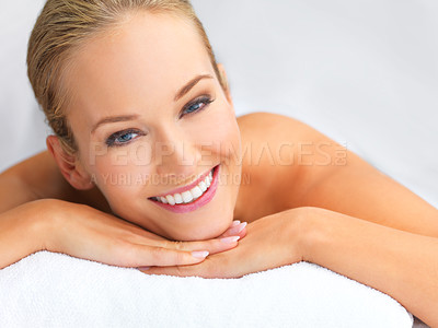 Buy stock photo A beautiful young woman relaxing in a spa -copyspace