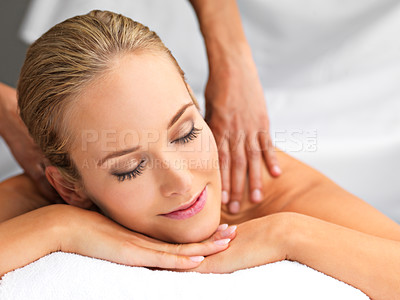 Buy stock photo Health, hands and woman with back massage at spa for wellness, relaxing and self care. Calm, zen and happy female person sleeping with masseuse for body skin treatment or therapy at beauty salon.