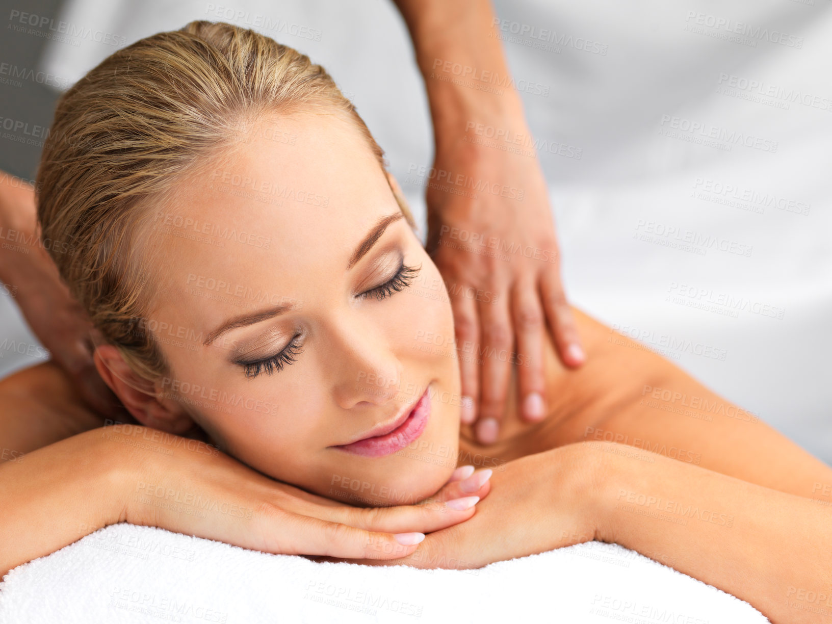 Buy stock photo Health, hands and woman with back massage at spa for wellness, relaxing and self care. Calm, zen and happy female person sleeping with masseuse for body skin treatment or therapy at beauty salon.