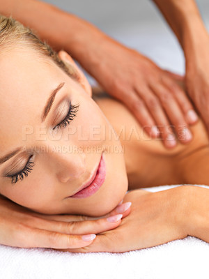 Buy stock photo Relax, hands and woman with back massage at spa for wellness, health and self care. Calm, zen and happy female person sleeping with masseuse for body skin treatment or therapy at beauty salon.