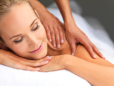Buy stock photo Calm, hands and woman with back massage at spa for wellness, health and self care. Relax, zen and happy female person sleeping with masseuse for body skin treatment or therapy at beauty salon.