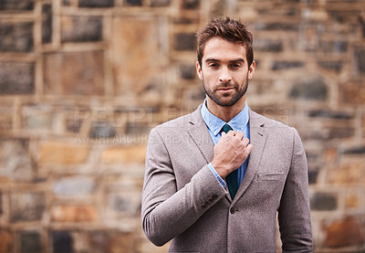 Buy stock photo Business man, portrait and city wall with fashion, confidence and success in entrepreneurship. Young businessman, executive and suit in urban street, road or side walk with focus, style and outdoor